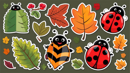 Wall Mural - sticker set, different cute funny cartoon ladybug