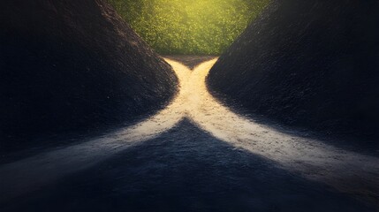 Poster - A road splitting into two distinct paths one light and one dark represents the moral choices and decisions individuals face in their life s journey