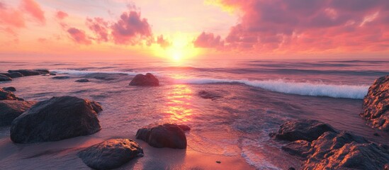 Wall Mural - sunset on rocks by the ocean. with copy space image. Place for adding text or design