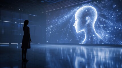 Businesswoman and robot facing each other, futuristic AI concept with light effects