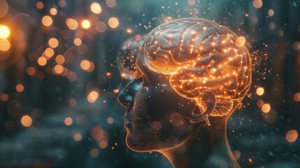 Aufkleber - Human head featuring a brain that glows with futuristic lights, contrasted with a modern, tech-oriented background