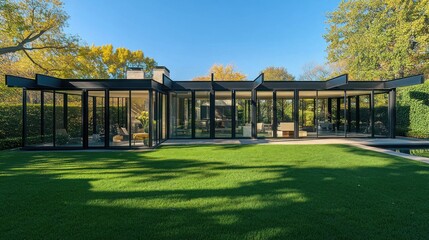 Wall Mural - Modern Glass House with Green Lawn