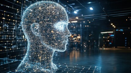 Businesswoman and robot facing each other, futuristic AI concept with light effects