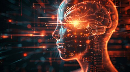 Poster - Human head with a brain illuminated by high-tech light effects, creating a futuristic ambiance with sleek, abstract background elements