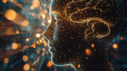 Aufkleber - Human head with a brain lit up by radiant lights and complex geometric shapes in the background, evoking a sense of advanced technology