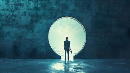 Poster - An individual standing in front of a large ornate keyhole representing the symbolic gateway to achieving one s goals and dreams  This image signifies the power of determination focus