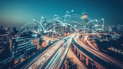 A vibrant urban skyline at dusk showcasing light trails and digital connections over busy highways and towering skyscrapers