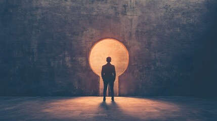 a person standing in front of a massive keyhole representing the key to unlocking success growth and