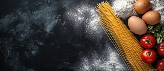 Poster - ingredients on a black chalkboard eggs onions tomatoes spaghetti flour. with copy space image. Place for adding text or design