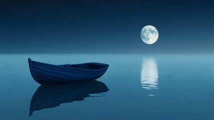 Poster - A lone boat floating peacefully on a still lake reflected in the calm waters under the ethereal glow of a full moon symbolizing a sense of tranquility solitude and connection with nature