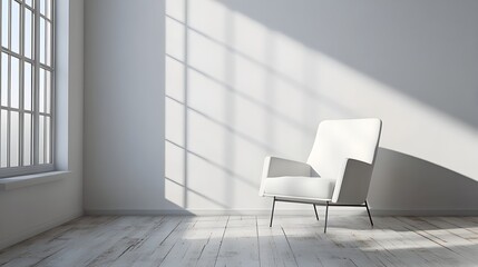 Poster - Elegant single white chair placed in an empty bright room with soft natural lighting creating a serene and tranquil ambiance perfect for home office or studio settings