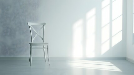 Poster - Minimalist design featuring a single white chair placed in an empty bright room with soft natural lighting creating a calming and peaceful ambiance with open copy space