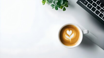 Poster - Stylish and Organized Minimalist Workspace with a Laptop and a Cup of Coffee Providing a Clean and Focused Environment for Productivity Work and