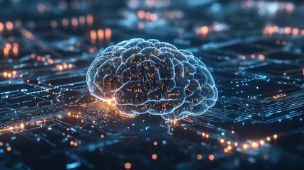Poster - A digital representation of a brain on a circuit board with glowing connections, embodying artificial intelligence and technology innovation
