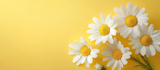 Wall Mural - White chamomile flowers rest on a yellow background. with copy space image. Place for adding text or design