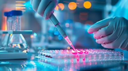 Poster - Lab technician filling microplate wells with pipette in clinical setting