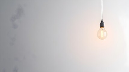 Poster - Solitary hanging light bulb suspended against a plain white wall with ample copy space  Minimalist clean and modern interior design detail with a focus on simple geometric shapes and lighting