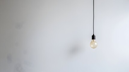 Poster - Lone Hanging Light Bulb Against Bare White Wall with Ample Copy Space for Text or Design Elements