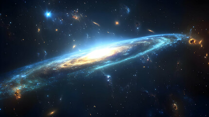 Wall Mural - A spiral galaxy with bright stars and nebulae in a dark blue space.