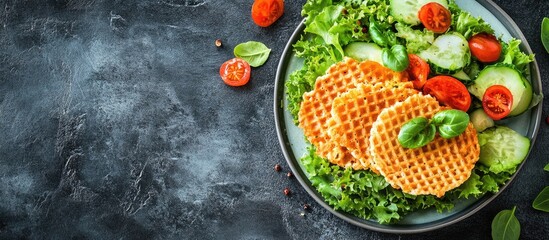 Poster - Tasty breakfast delicious Vienna Wafer with fresh green vegetables and salad leaves. with copy space image. Place for adding text or design