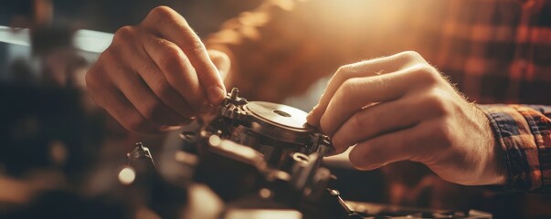 Poster - Close-up of mechanic's hands carefully positioning parts in a workshop with precision and expertise under warm lighting