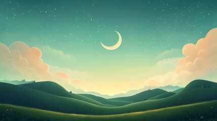 Wall Mural - Dreamy Night Sky Over Rolling Green Hills with Crescent Moon and Stars