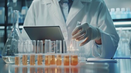 Poster - Laboratory technicians examining test tubes and petri dishes, recording data on tablets while working in a modern research facility.