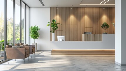Aufkleber - Medical clinic reception area with a welcoming desk, seating, and natural light