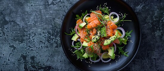 Aufkleber - Raw salmon avocado and purple onion salad presented in a culinary ring on a black plate Black concrete backdrop. with copy space image. Place for adding text or design