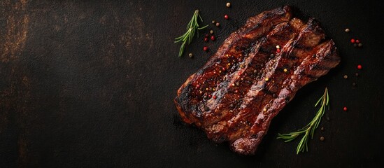 Leinwandbilder - Grilled beef steak seasoned with spices piece of meat Top view with copyspace