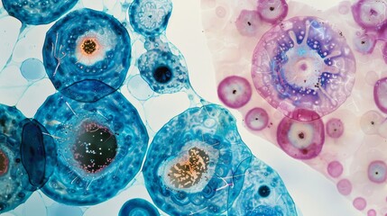 Aufkleber - Microscope slide with stained cells viewed under high magnification