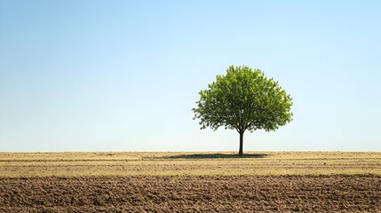 Poster - Lone standing tree in a vast open field with a minimalist serene landscape and ample copy space for text or graphic design