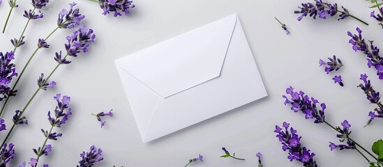 Poster - Envelope mockup with lavender flowers on a white background top view copy space Concept for greeting cards for happy birthday Valentine s Day weddings and Mother s Day