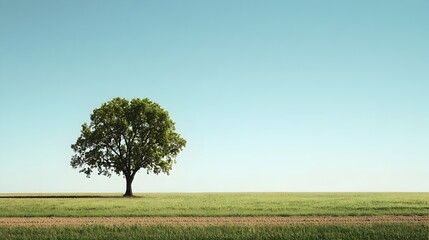 Poster - Lone solitary tree standing tall in a vast expansive field with an open empty landscape and ample copy space for text or graphic overlays