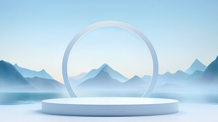 minimalist podium for product presentation against the background of mountains and seas