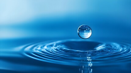 Poster - Stunning close up of a single droplet of clear pure water resting on a smooth reflective surface creating a minimalist serene composition with ample copy space for use in various design applications