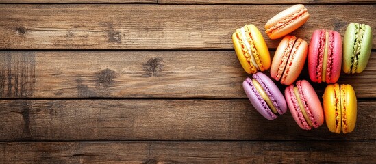 Poster - Colorful French or Italian macarons on a wooden table with copy space for a background Macarons or macaroons are a French dessert