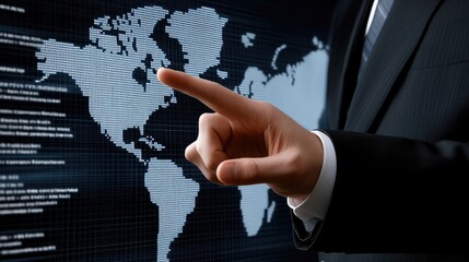 Poster - A businessman reaches out to touch a virtual map representing global connections, emphasizing modern business strategies and travel possibilities.