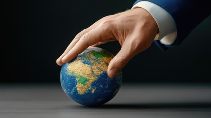 Poster - A businessman reaches out to touch a virtual map representing global connections, emphasizing modern business strategies and travel possibilities.