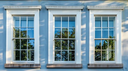 Three windows with white frames and sills on a blue wall.