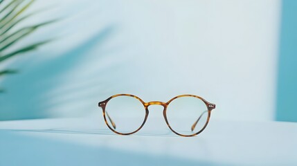 Poster - A single pair of stylish eyeglasses resting on a clean white desk surface with ample copy space for workspace a professional modern and minimalist office setup