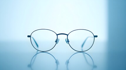 Poster - Overhead shot of a clean and organized desk surface with a single pair of eyeglasses neatly placed highlighting a minimalist and professional workspace setup with copyspace