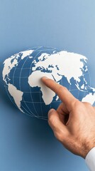 Poster - A businessman reaches out to touch a virtual map representing global connections, emphasizing modern business strategies and travel possibilities.