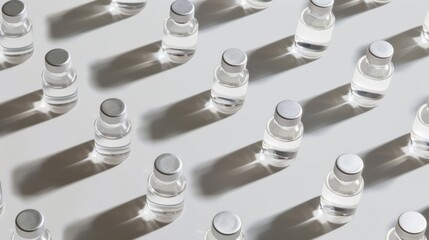 Repeating pattern of vaccine bottles in a grid formation, emphasizing clean and detailed bottle designs on a light-colored background.