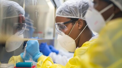 Poster - Research scientists wearing protective gear and working with lab instruments, focusing on their tasks in a clean and organized laboratory space.