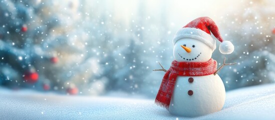 Poster - Joyful snowman in a winter Christmas setting. with copy space image. Place for adding text or design