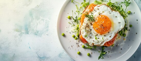 Leinwandbilder - Egg breakfast Nutritious and healthy meal featuring eggs a salmon and avocado sandwich and sprouted pea seeds. with copy space image. Place for adding text or design