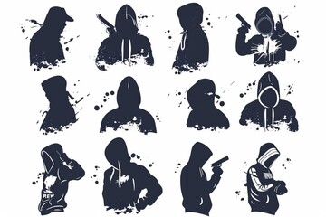 Wall Mural - Thief icon, criminal person sign, bandit in mask, burglar silhouette, killer, gangster or robber in balaclava