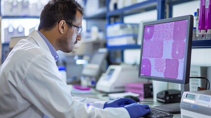 Aufkleber - Researcher analyzing cell growth on computer screen in lab