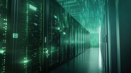 Poster - A glimpse into a futuristic data center with glowing servers and advanced technology illuminated by green lights
